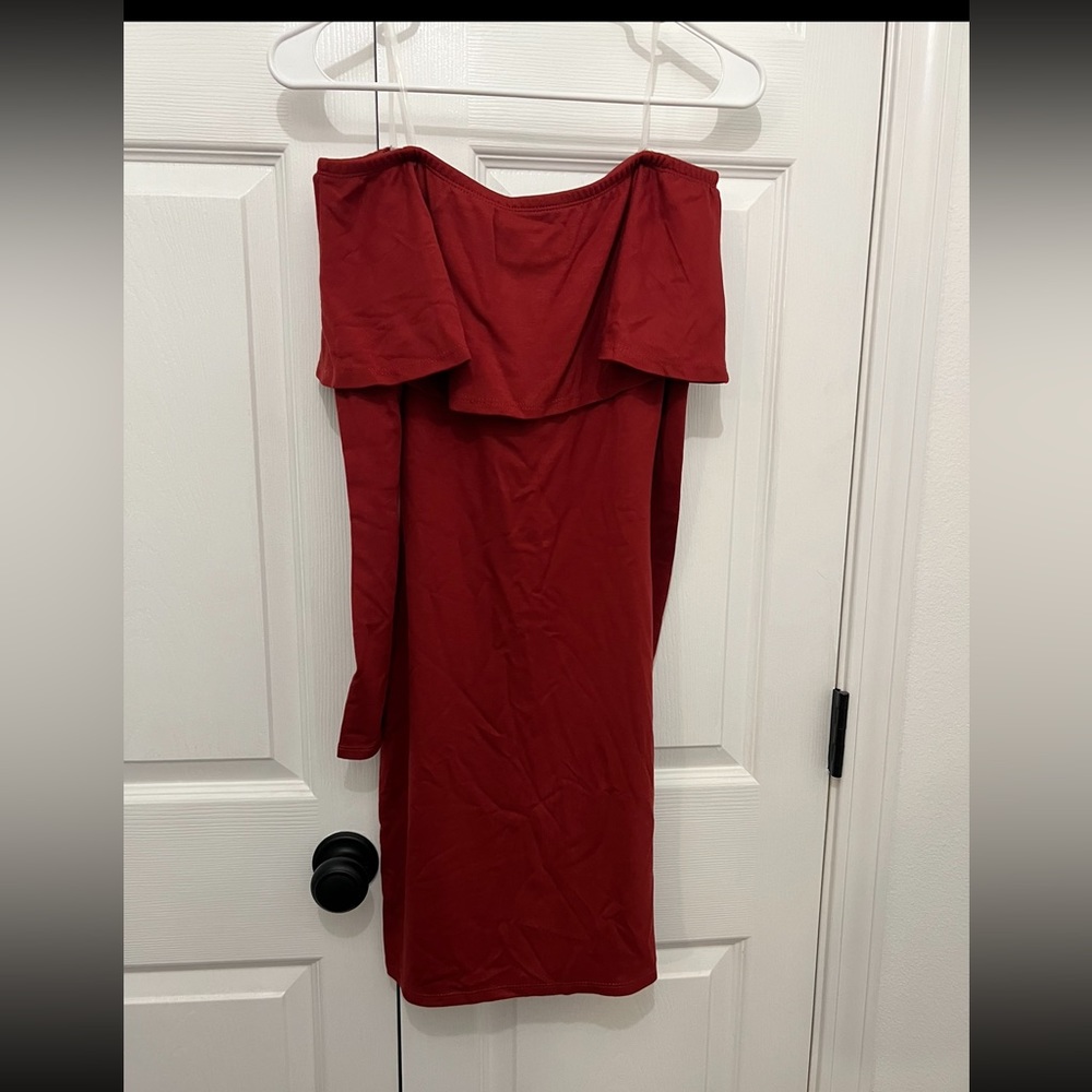 Rust long sleeve off the shoulder dress